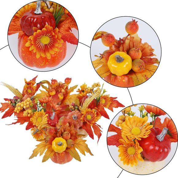 Decorations Set of 6 Artificial Pumpkins, Decorative Pumpkin with Maple Flower - Picture 6 of 7